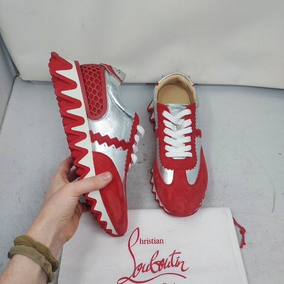 CHRISTIAN LOUBOUTIN Loubishark Red Silver Low Top Mens Sneaker - Picture 1 of 14